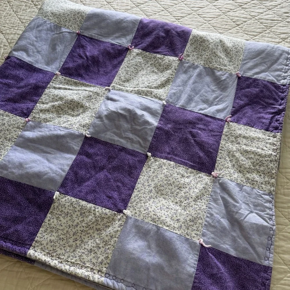 Vintage Patchwork Quilt – Purple & Lavender Floral – Hand-Tied – 57” x 57”